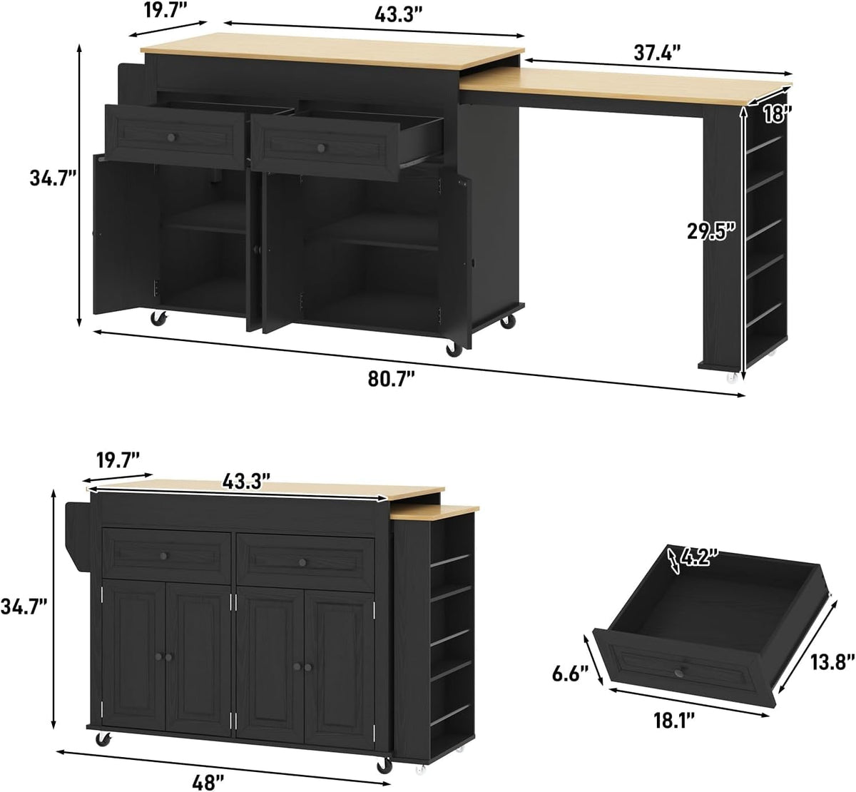 Black Extendable Mobile Kitchen Island