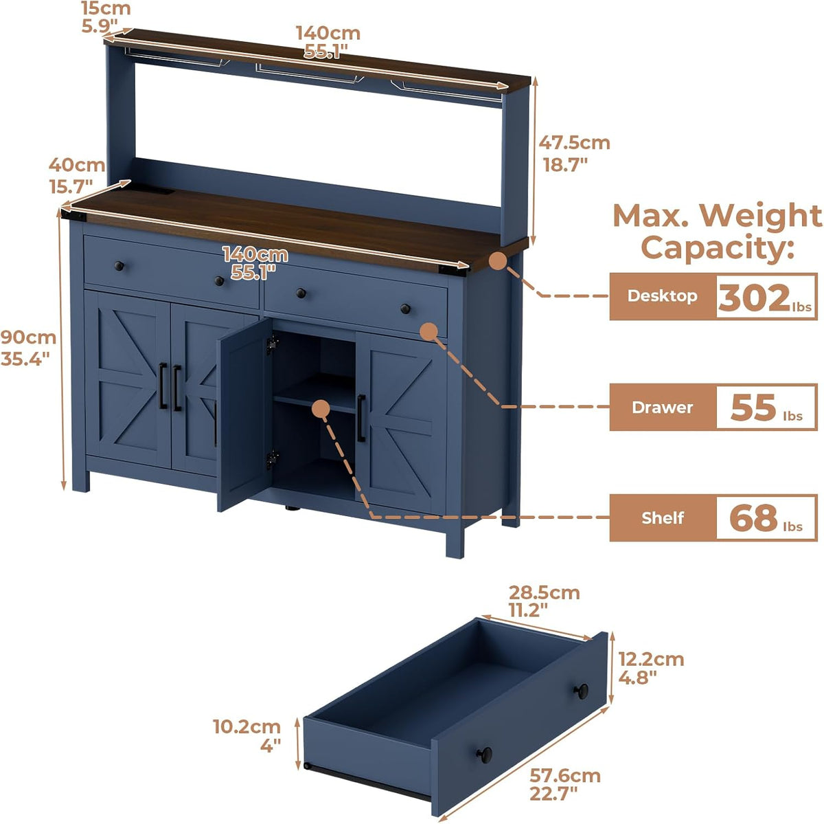 Blue Barn‑Door Coffee Bar Sideboard