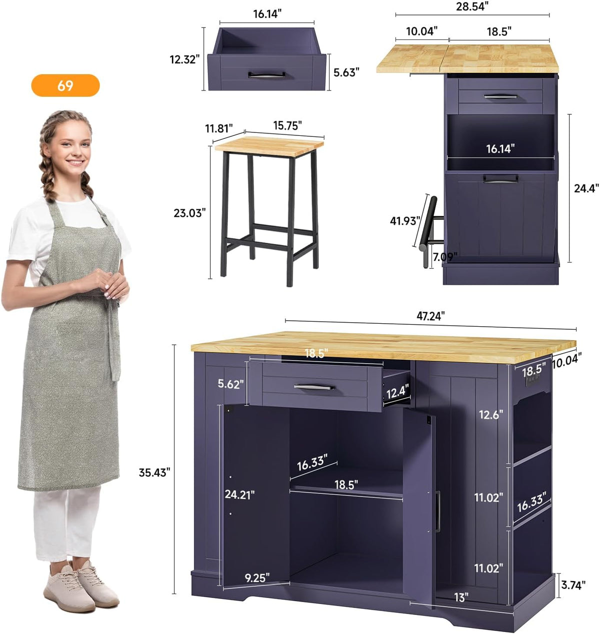 47" Kitchen Island with 2 Chairs