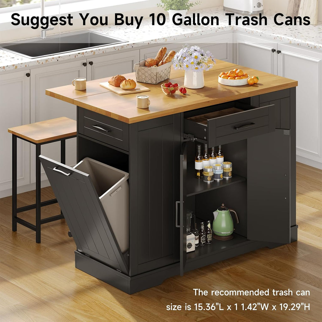 47" Black Kitchen Island with 2 Chairs