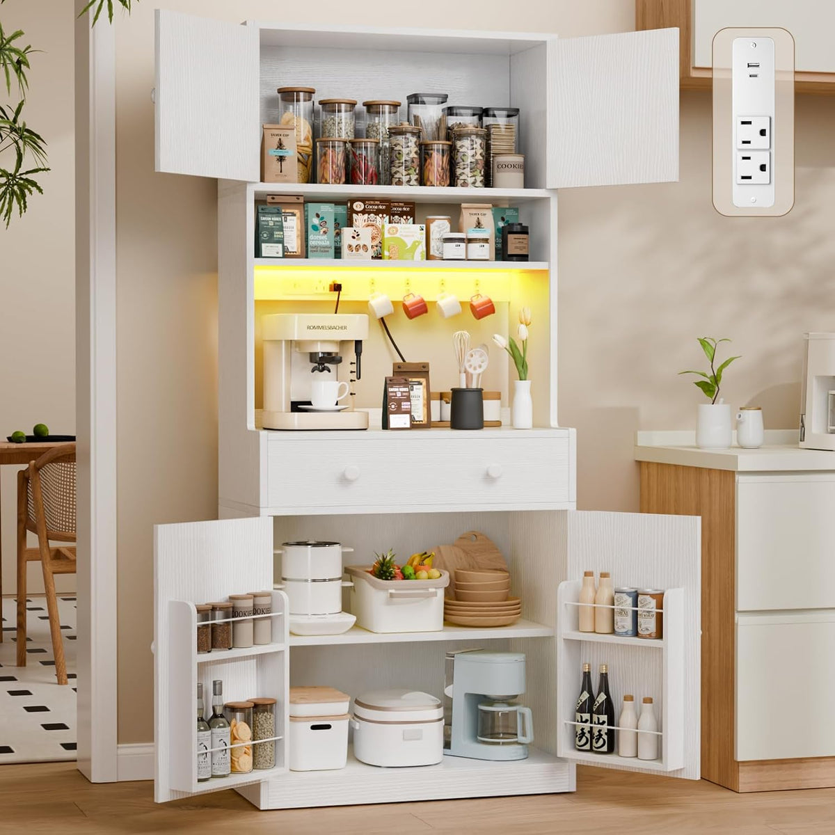 71" White LED Microwave Pantry Cabinet