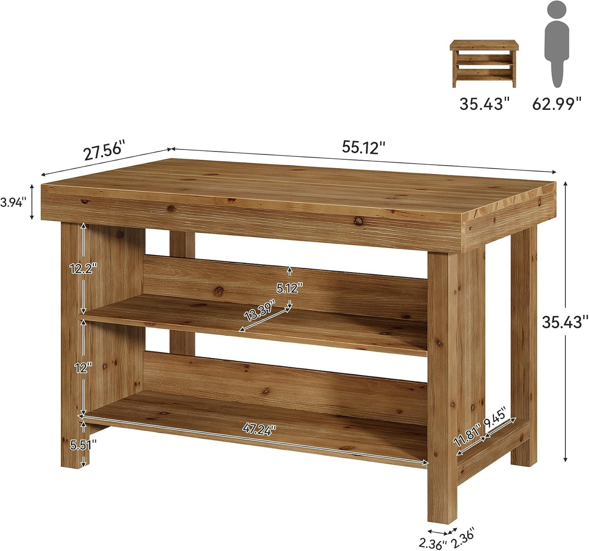 55" Brown Solid Wood Farmhouse Kitchen Island
