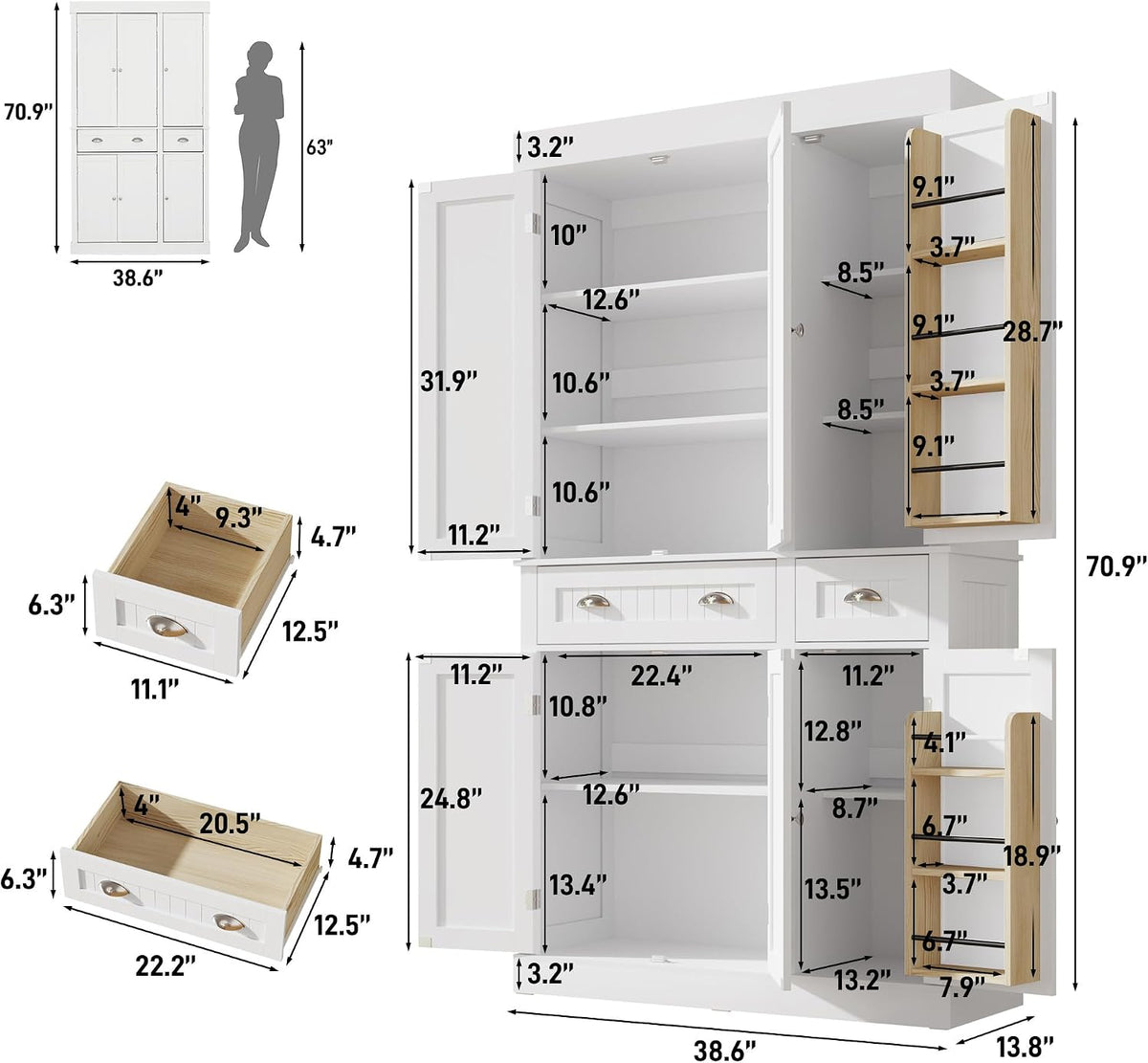 71" White Modern Hutch Pantry Cabinet