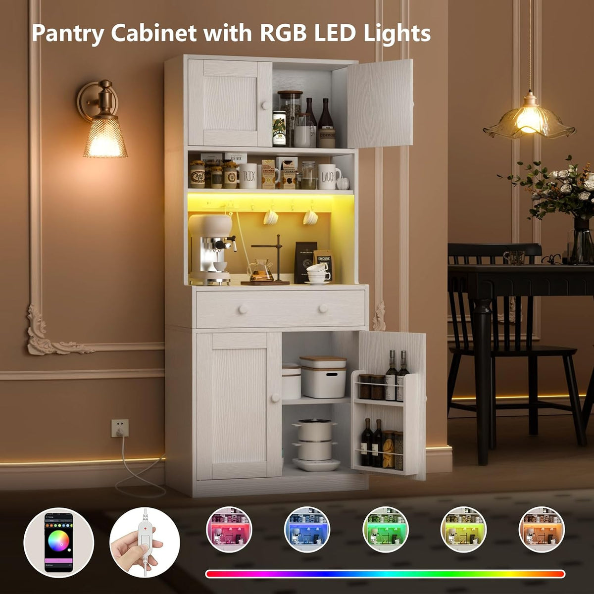 71" White LED Microwave Pantry Cabinet