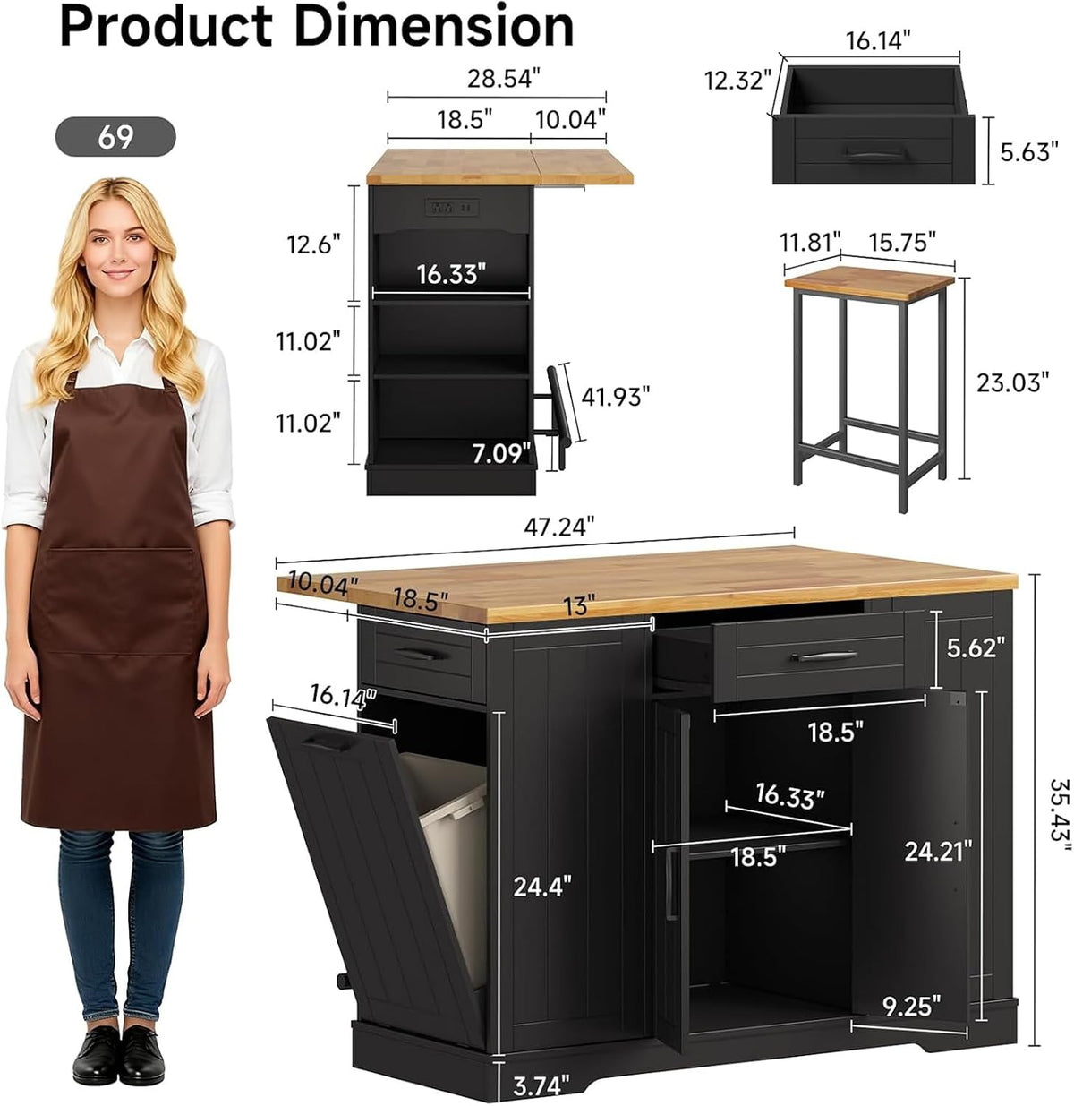 47" Black Kitchen Island with 2 Chairs