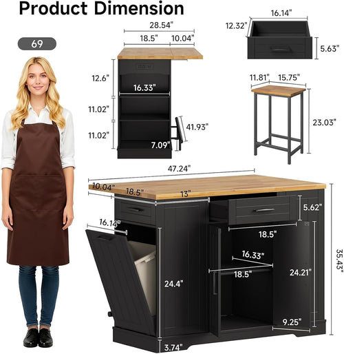 47" Black Kitchen Island with 2 Chairs