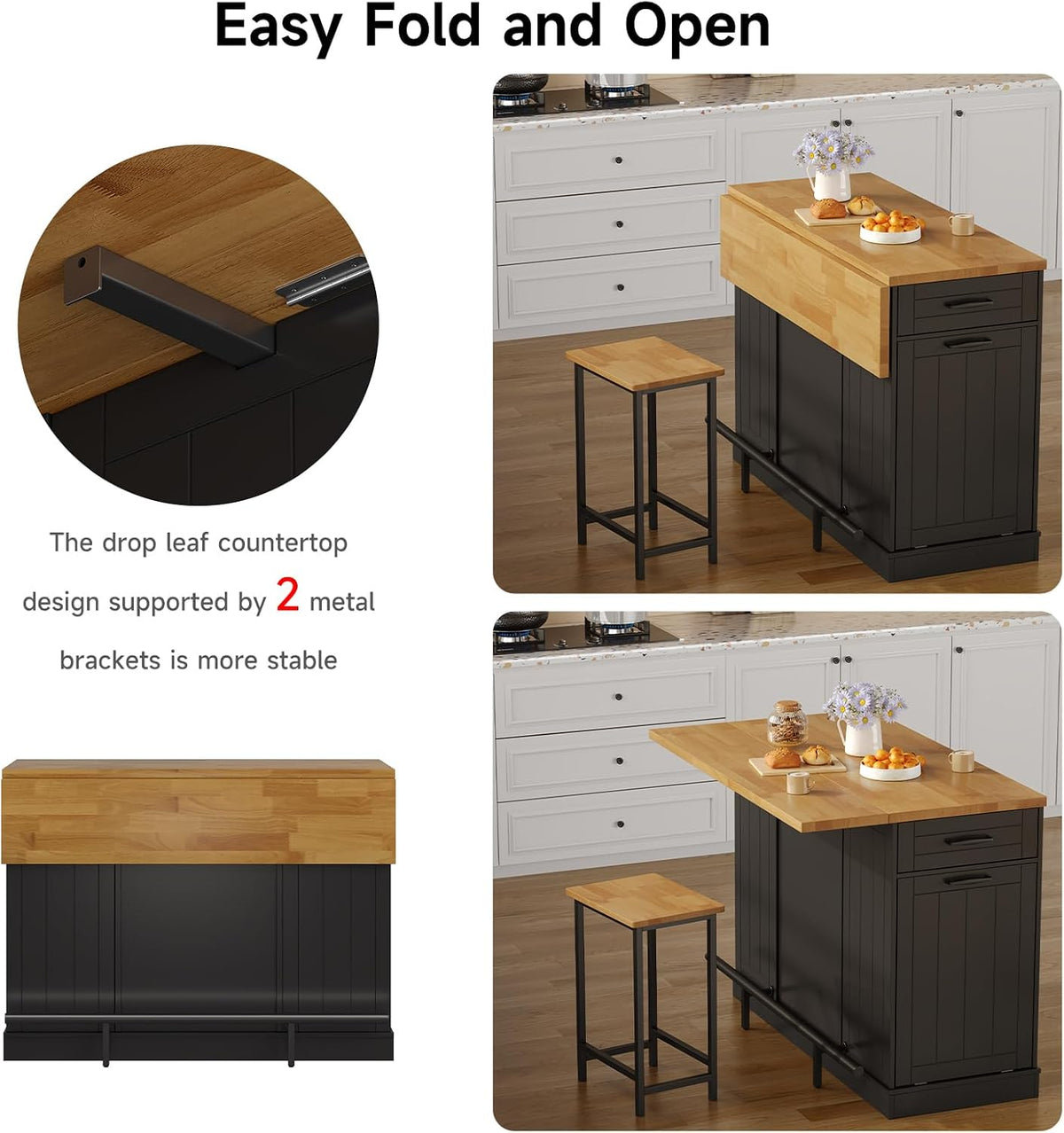 47" Black Kitchen Island with 2 Chairs