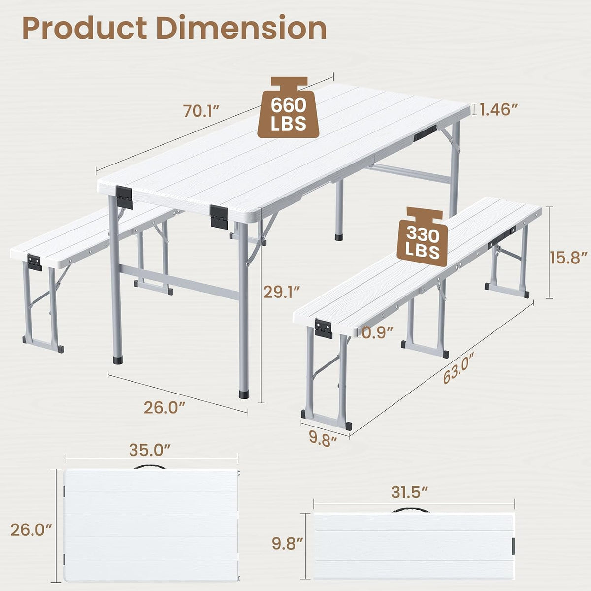 6FT 3‑Piece Picnic Table Set with 2 Benches
