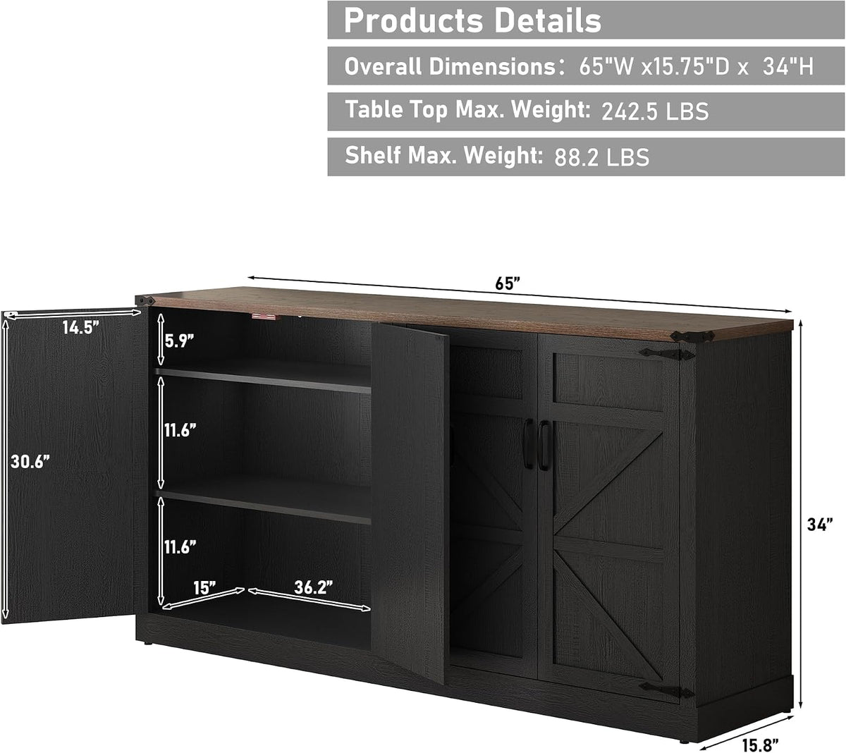 Black Farmhouse 65" Sideboard Cabinet