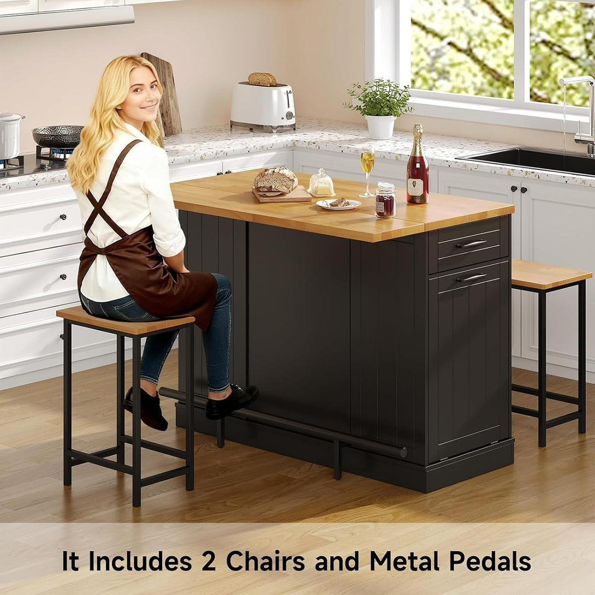 47" Black Kitchen Island with 2 Chairs