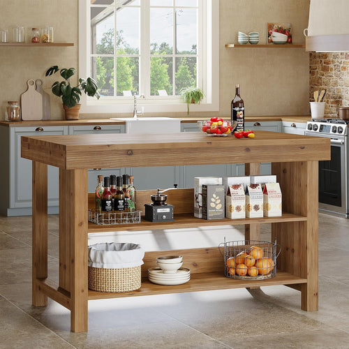 55" Brown Solid Wood Farmhouse Kitchen Island