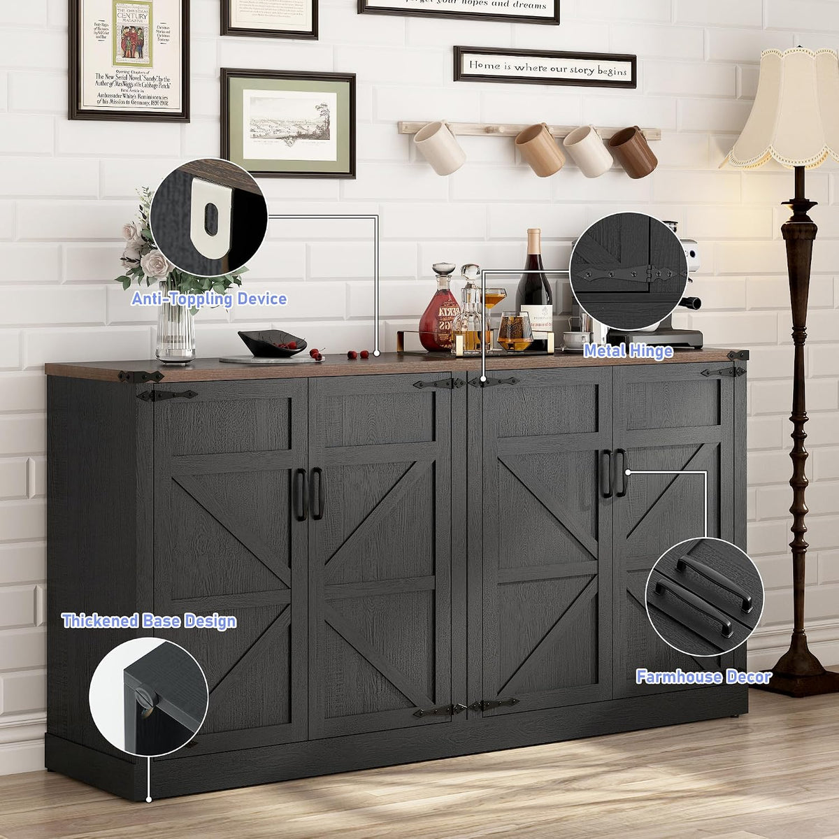 Black Farmhouse 65" Sideboard Cabinet