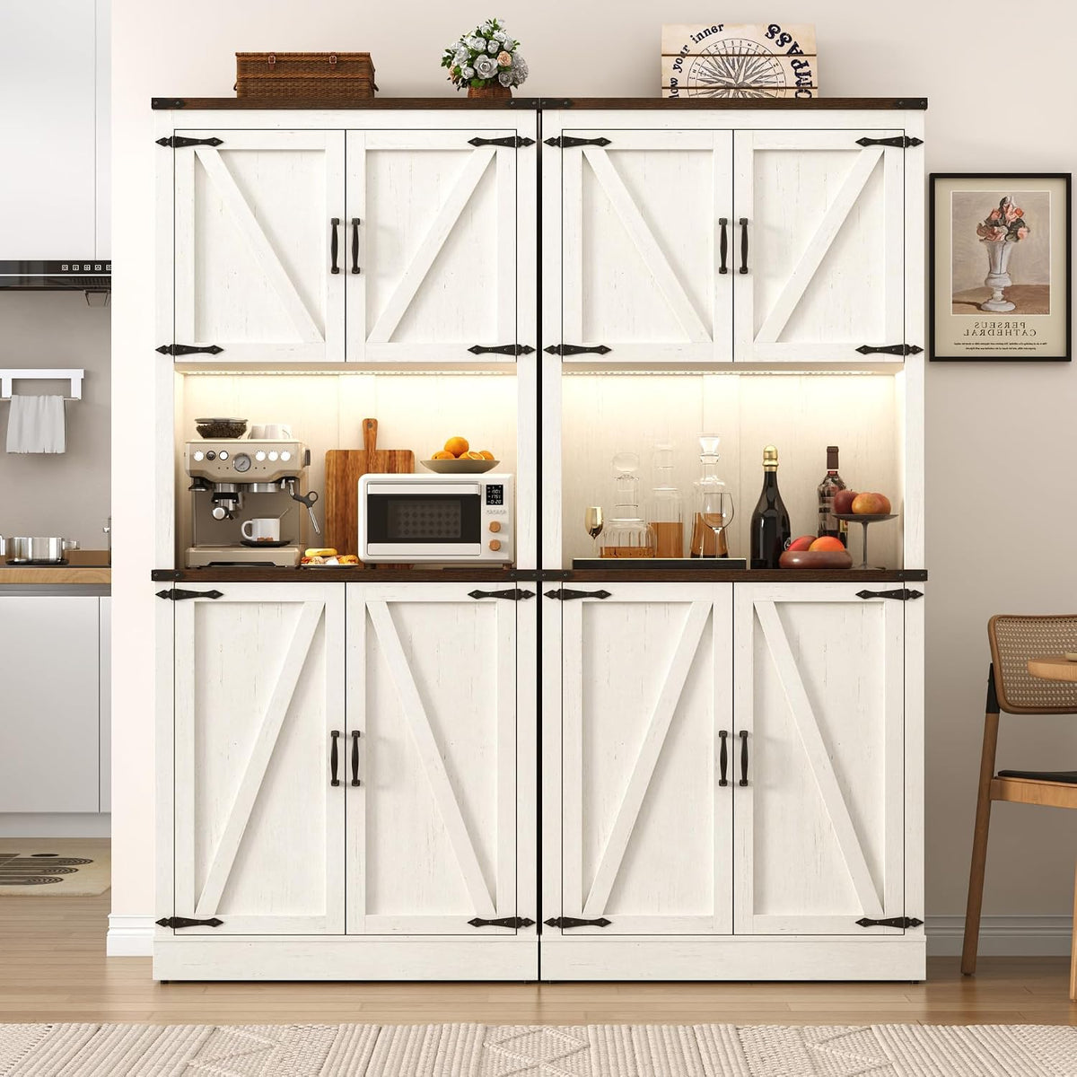 72" White LED Barn‑Door Pantry Cabinet 2‑Pack
