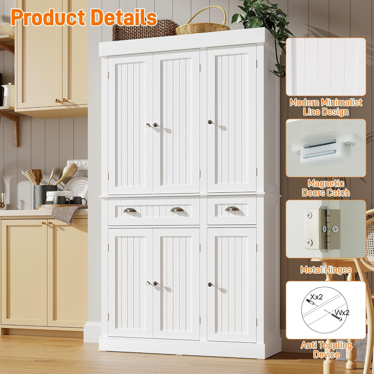 71" White Modern Hutch Pantry Cabinet