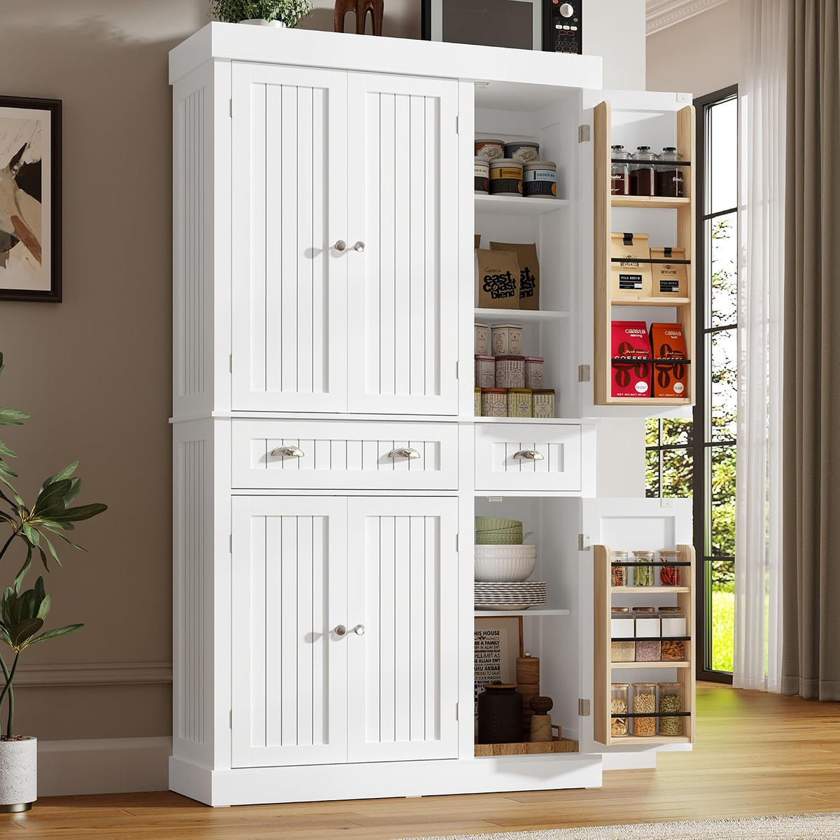 71" White Modern Hutch Pantry Cabinet