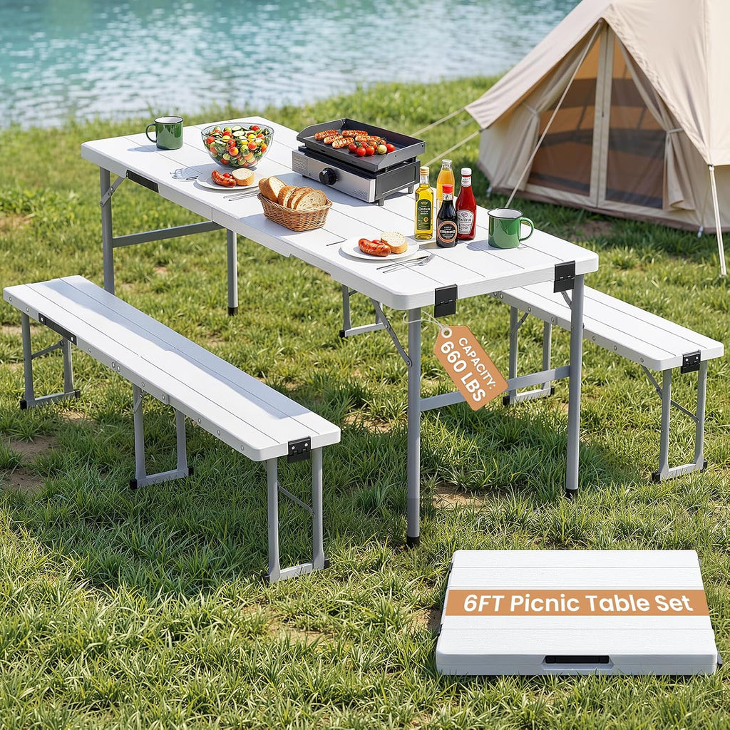 6FT 3‑Piece Picnic Table Set with 2 Benches