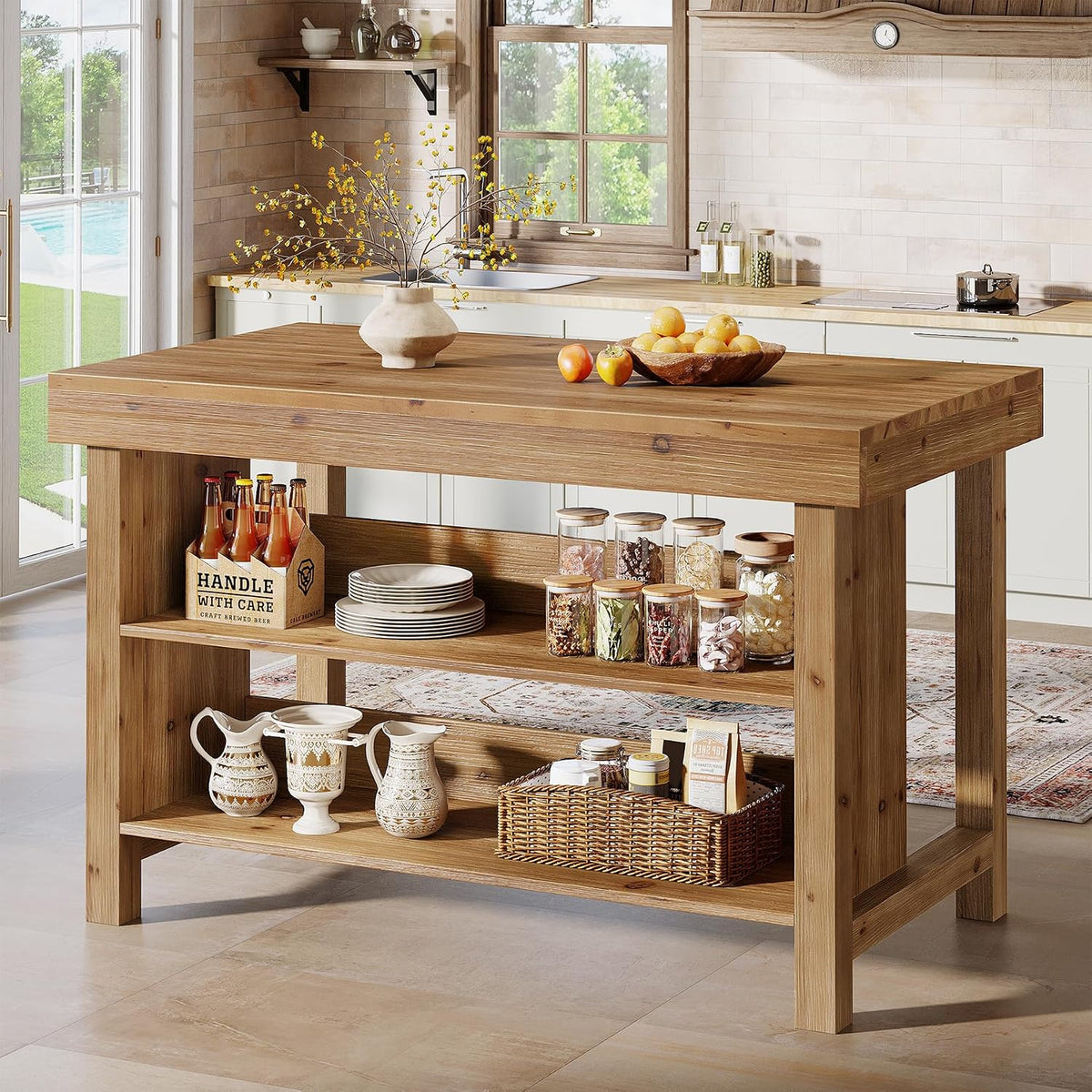 55" Brown Solid Wood Farmhouse Kitchen Island