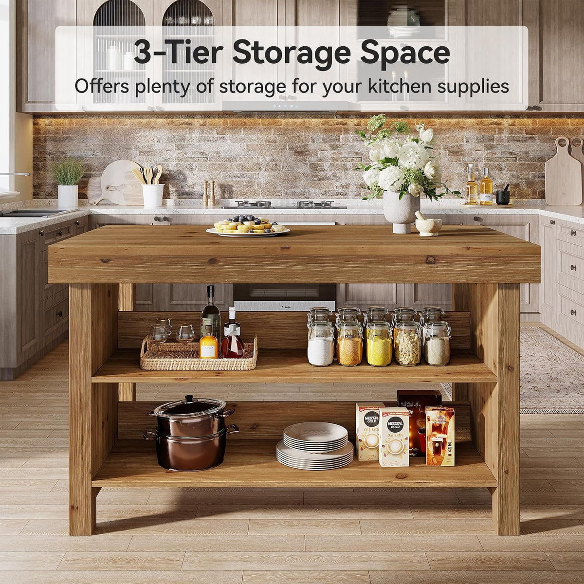 55" Brown Solid Wood Farmhouse Kitchen Island